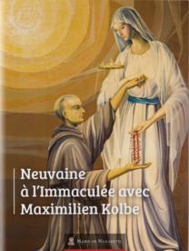 L'Immaculée avec Maximilien Kolbe neuvaine - le livret - peinture du saint recevant de la Vierge Marie les deux couronnes.