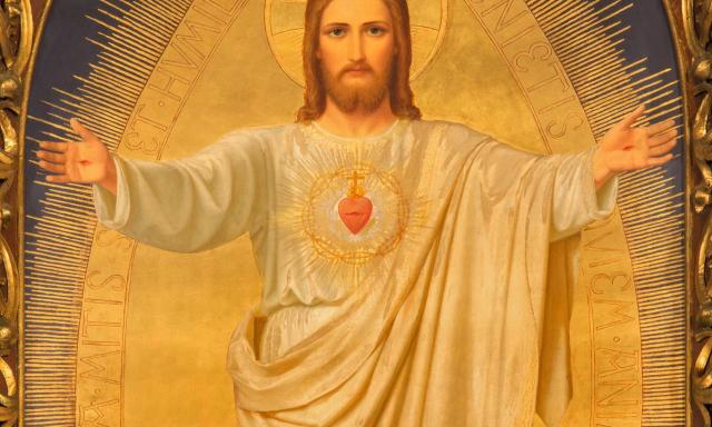 Neuvaine au Sacré Cœur de Jésus jour  - Peinture sur bois du Christ rédempteur auréolé, vêtu de blanc, les bras ouverts et son Cœur Sacré rouge sur la poitrine