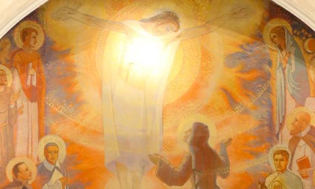 Neuvaine au Sacré Cœur de Jésus jour 9 - Peinture du Christ ressuscité au cœur lumineux. Derrière lui le ciel est embrasé. La Vierge Marie et différents Saints entourent le Christ