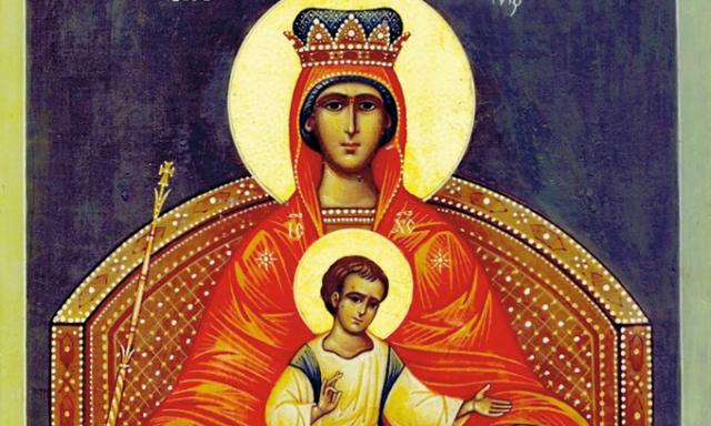 Neuvaine pour la Paix - jour 3 - La Vierge assise sur un trône, tenant un sceptre dans sa main droite et l'enfant Jésus sur ses genoux - icône  - peinture 