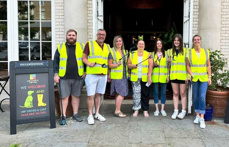 The team at The Duchess of Cornwall Poundbury litter pick for the Hall & Woodhouse Founder's Day 