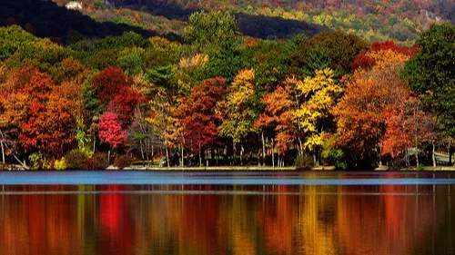 Beautiful fall foliage colors reflecting off Hudson River