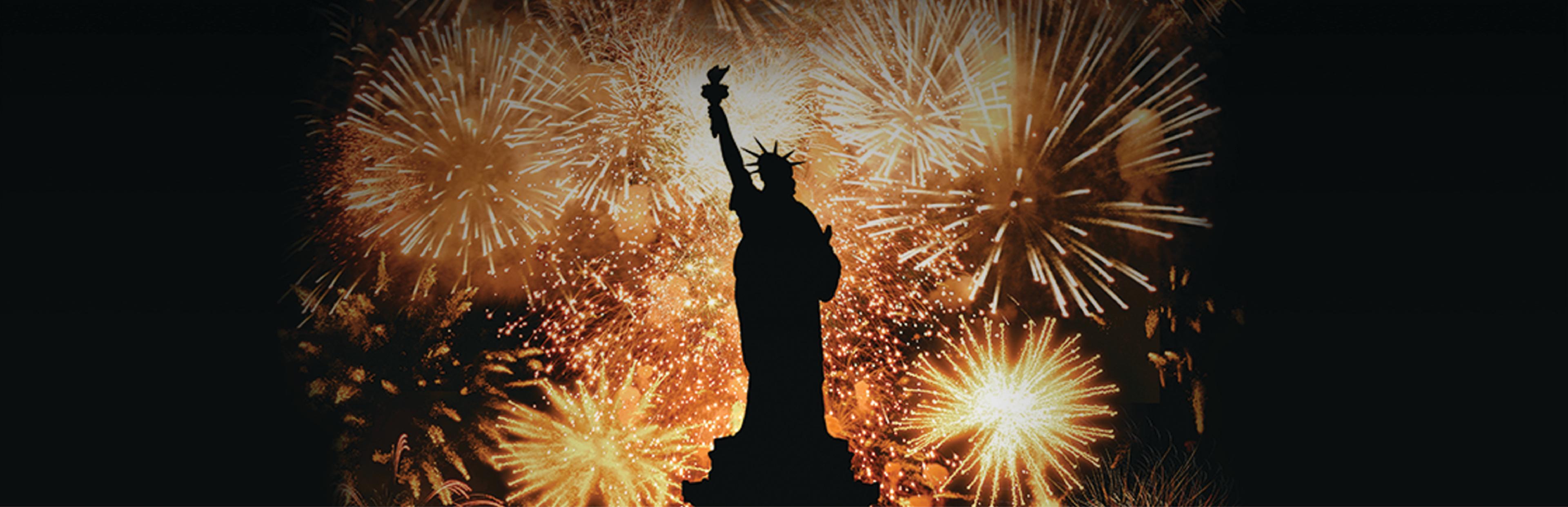 Statue of Liberty in front of fireworks.