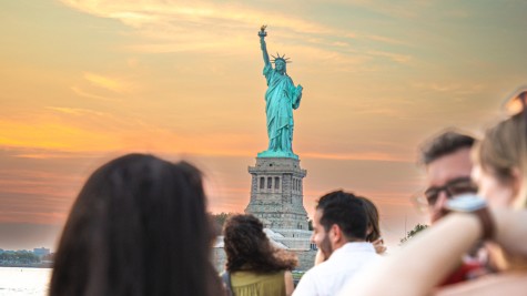 Group Admiring Statue of LIberty