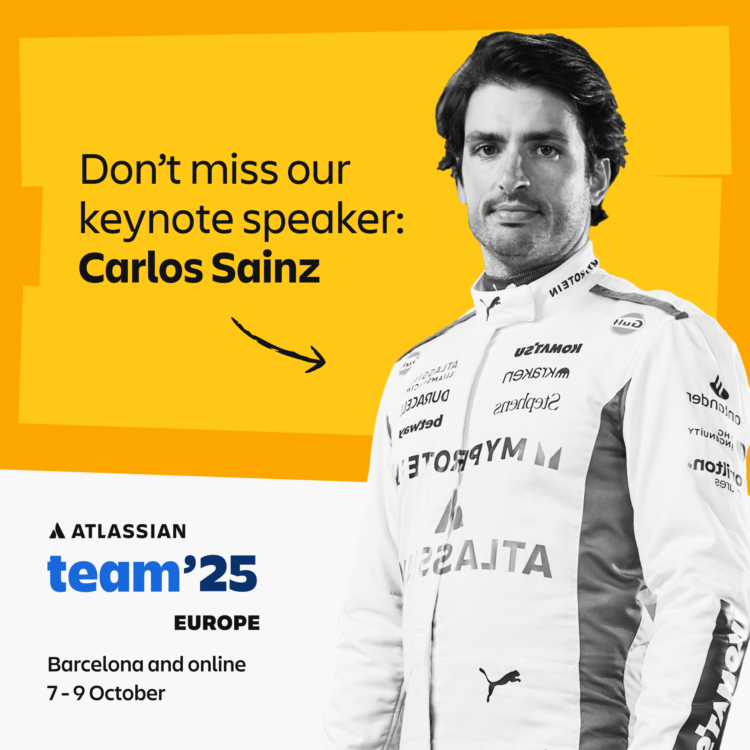 Atlassian, Team '25 Europe, Atlassian conference, AI-powered teamwork, Atlassian events, keynote speakers, Barcelona tech conference, Atlassian Williams Racing, Carlos Sainz, Jenson Button, Mike Cannon-Brookes, Anu Bharadwaj, Atlassian Rovo