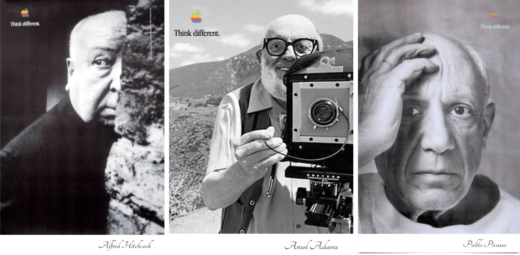 Trois publicités imprimées d'Apple pour leur campagne « Penser différemment » mettant en vedette le réalisateur Alfred Hitchcock, le photographe Ansel Adams et le peintre Pablo Picasso.