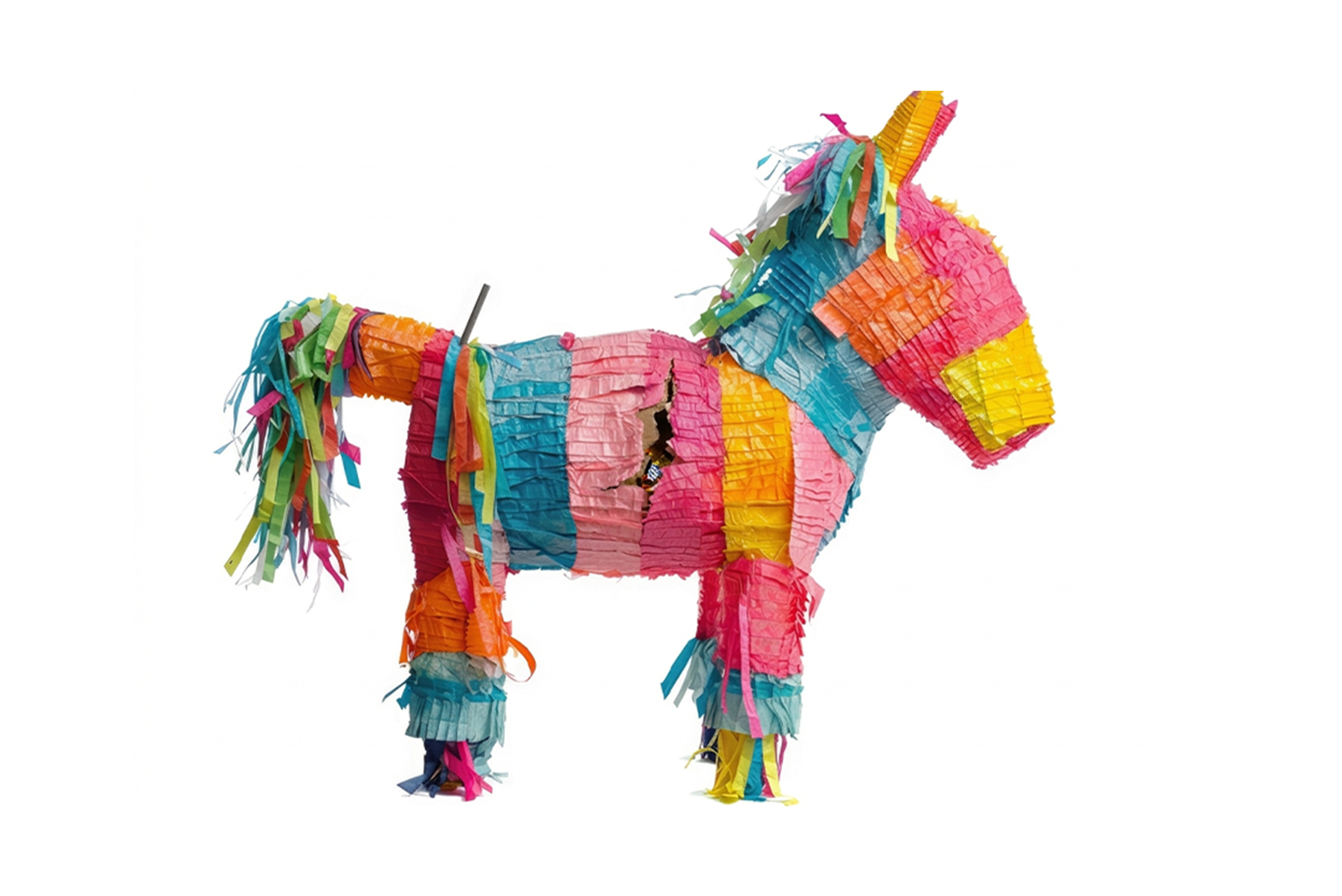 A donkey piñata with a crack in it's side.
