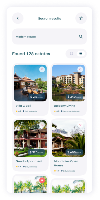 UI design of Turveyor search results screen