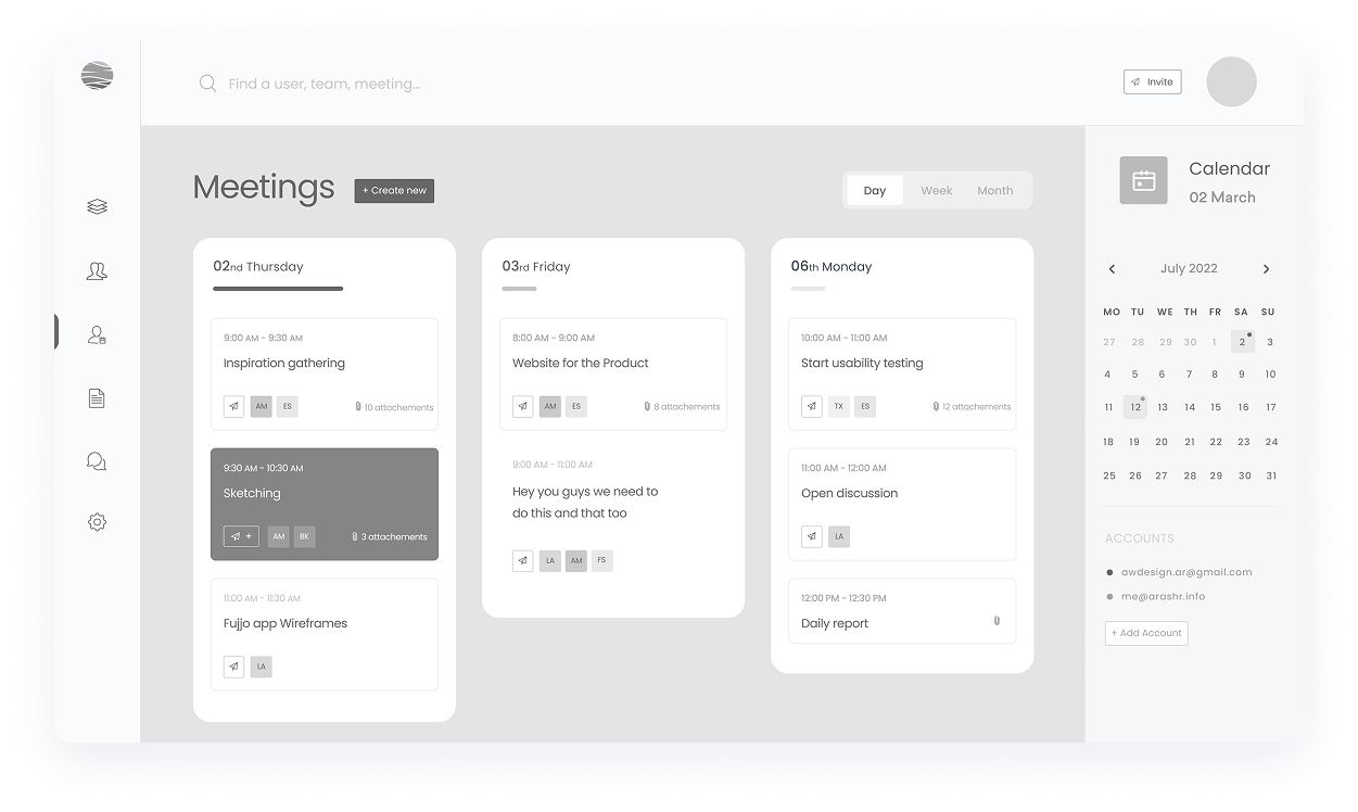 Bounce meetings dashboard wireframe