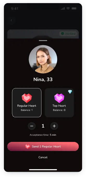 UI design of Lafla send heart screen with user profile