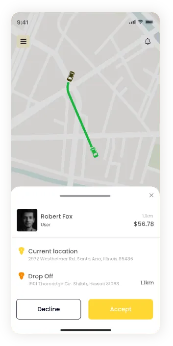 UI design of the Ride Vantage ride request screen