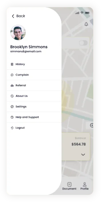 UI design of the Ride Vantage side navigation menu
