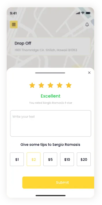 UI design of the Ride Vantage rating screen