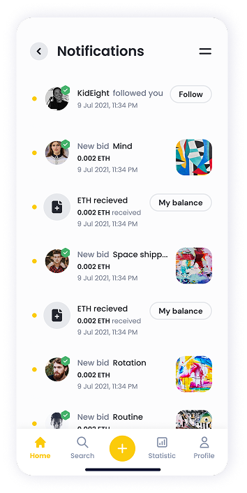 NFT Store notification screen UI design