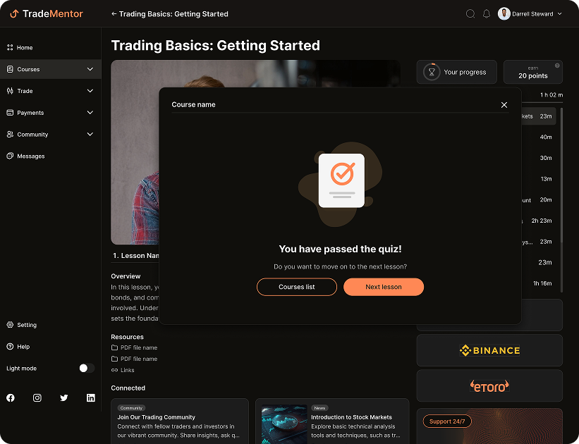 UI design of the TradeMentor lesson success screen