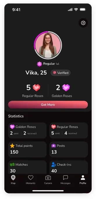 UI design of Lafla user profile screen with stats and roses
