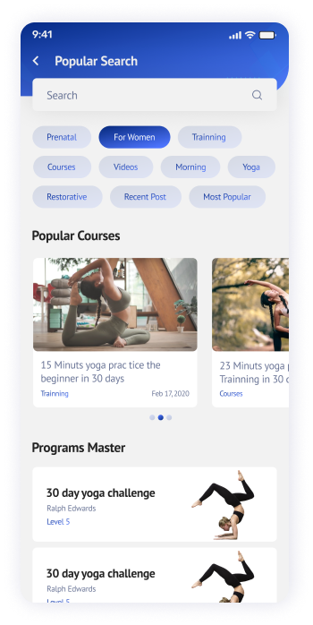 UI design of the Yogadgine app popular search screen
