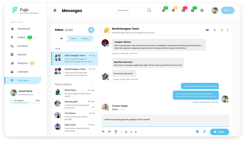 Fujjo messages dashboard UI design