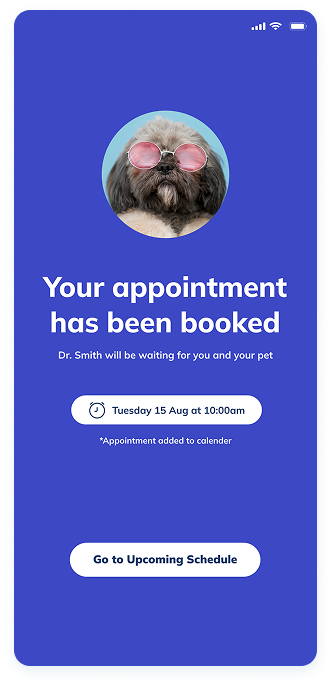 UI design of the VetPet app-s appointment booking confirmation screen