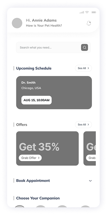 VetPet app appointment scheduling screen wireframe