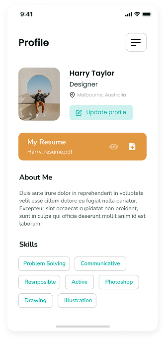 UI design of Rocket job portal app-s profile screen