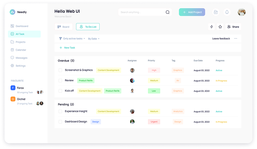 Needly task dashboard UI design