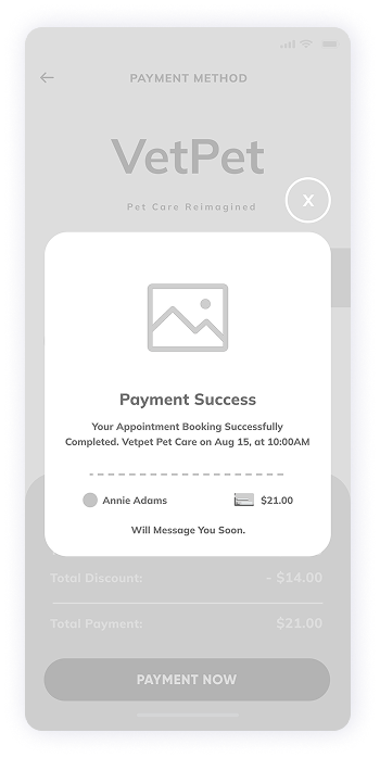 VetPet app payment success screen wireframe