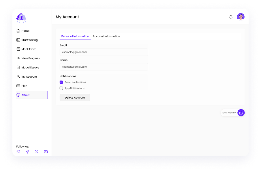 UI design of Writemaster account settings page