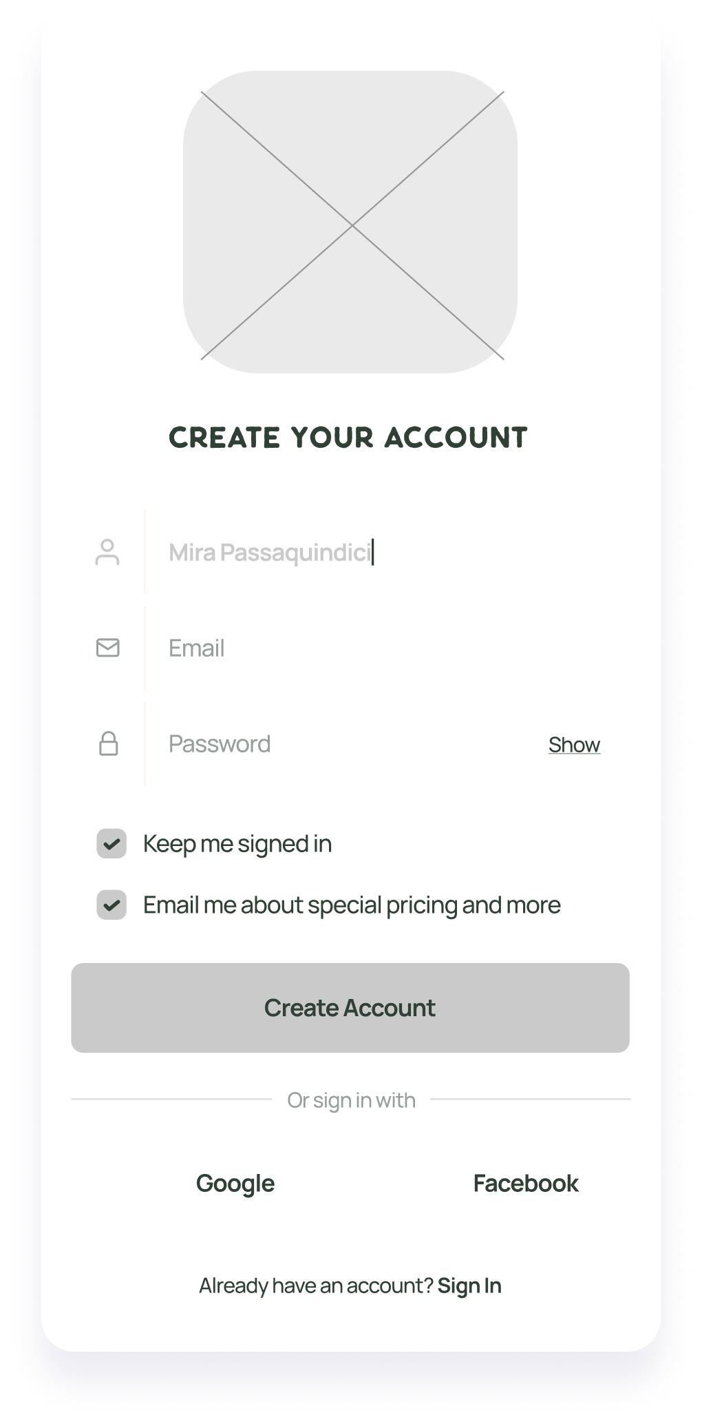 Wireframe of a LifeBalance account creation screen