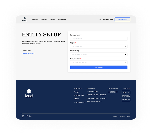 UI design of the Asset Protection entity setup page