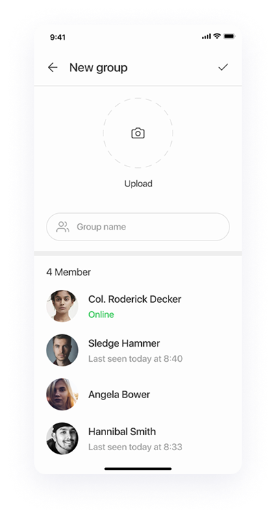 UI design of the Splash app-s new group screen