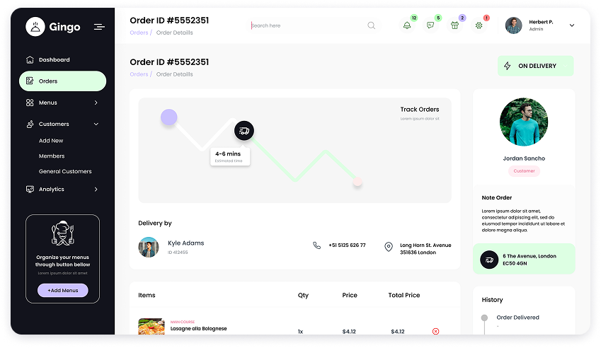 UI design of the Gingo admin panel order details screen