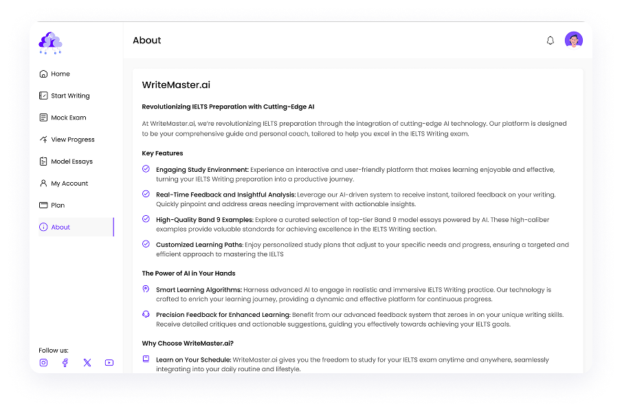 UI design of Writemaster about page