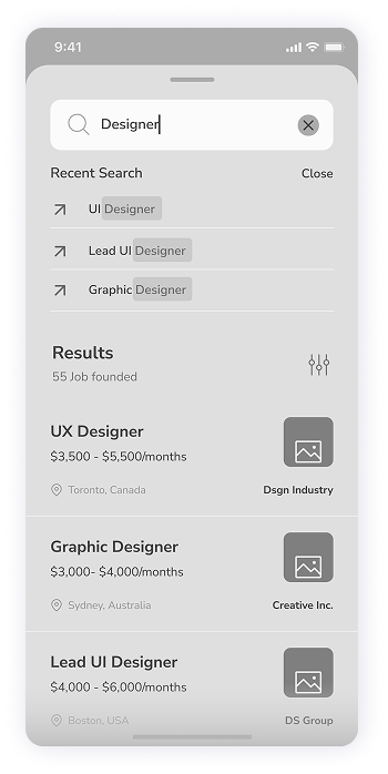 Wireframe of Rocket app-s search results screen