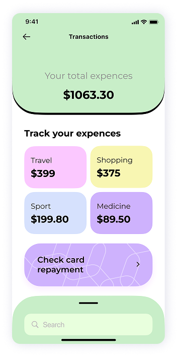 UI design of MoneyPay expense tracking screen