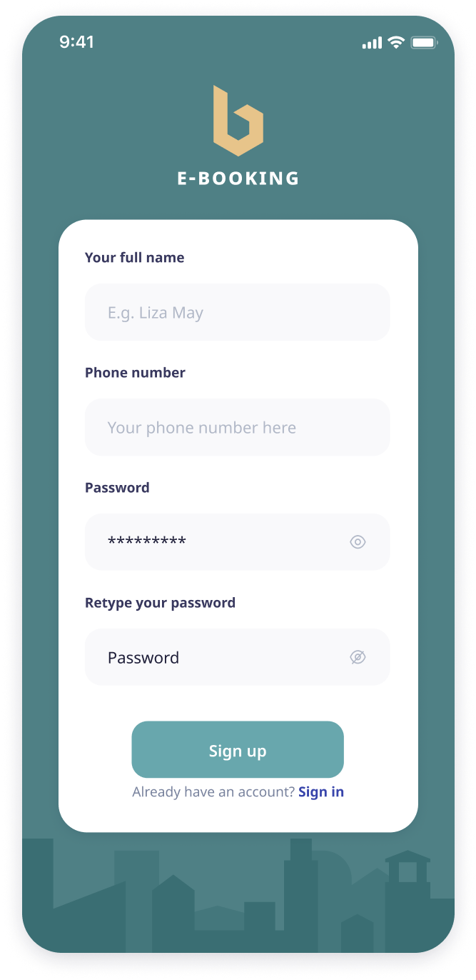 E-booking app sign up screen