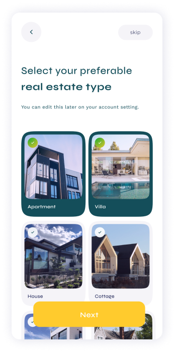 UI design of Turveyor property type selection screen