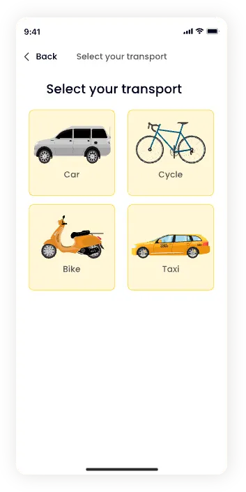 UI design of the Ride Vantage transport selection screen