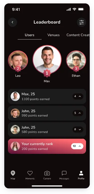 UI design of Lafla leaderboard screen showing top users