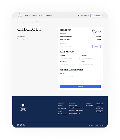 UI design of the Asset Protection checkout page