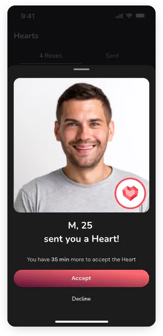 UI design of Lafla heart request screen with accept option
