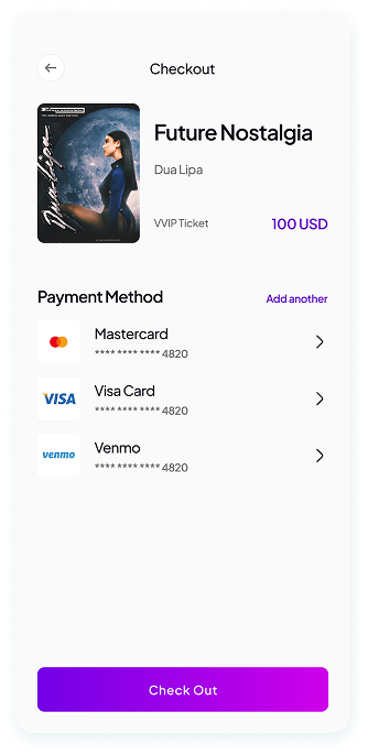 UI design of Muzz app checkout screen