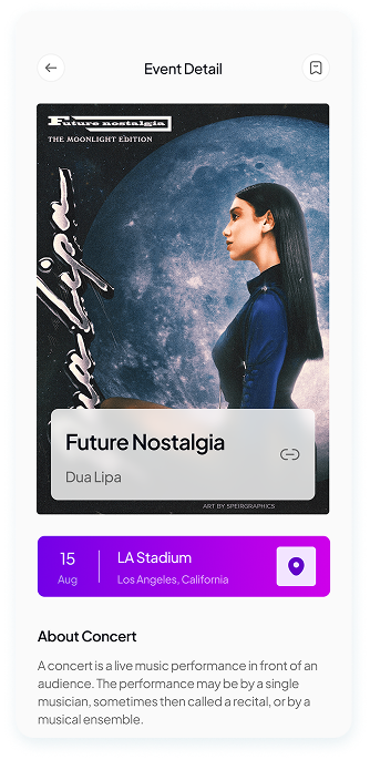 UI design of Muzz app event detail screen
