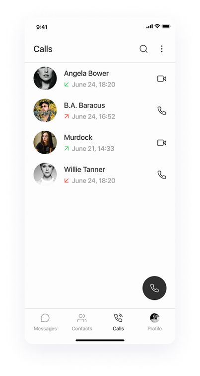 UI design of Splash app-s call history screen
