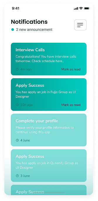 UI design of Rocket app-s notifications screen