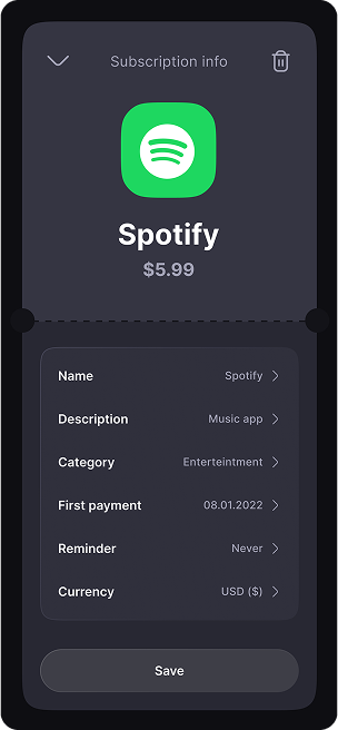 TrackEasy app-s user interface design for the subscription information screen