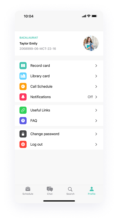 UI design of the University Student app-s user profile screen