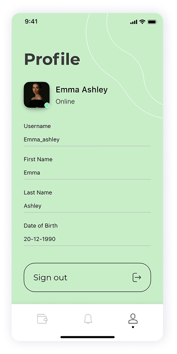 UI design of MoneyPay profile screen