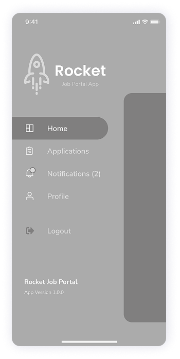 Wireframe of Rocket app-s sidebar menu