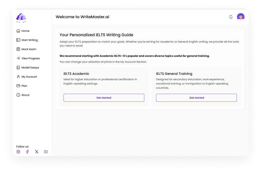 UI design of Writemaster personalized IELTS guide page